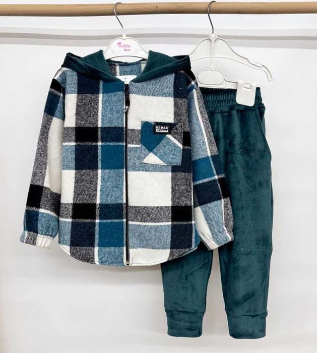 Теплий костюм клітинка кашемір+велюр хутро 98-158 см костюм клетка топ