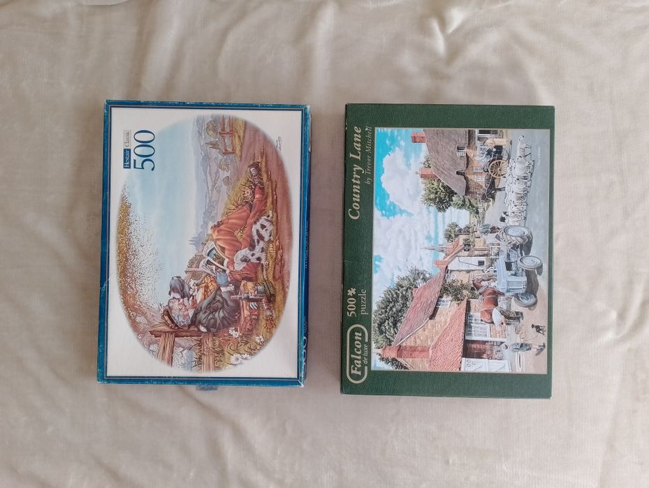 Zestaw puzzle 2x 500 kompletne rysowane wieś chatka kolorowe Falcoln