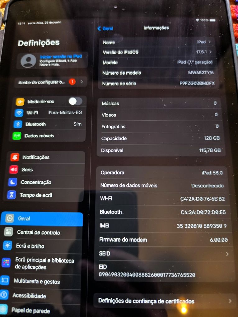 iPad (7.ª geração) 9,7"|128GB|Model A2198|Wifi+Dados| Usado bom estado