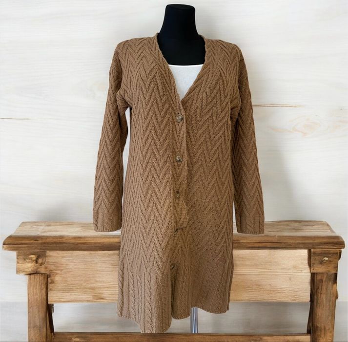 Długi sweter kardigan Massimo Dutti M jodełka rozpinany na jesień zimę