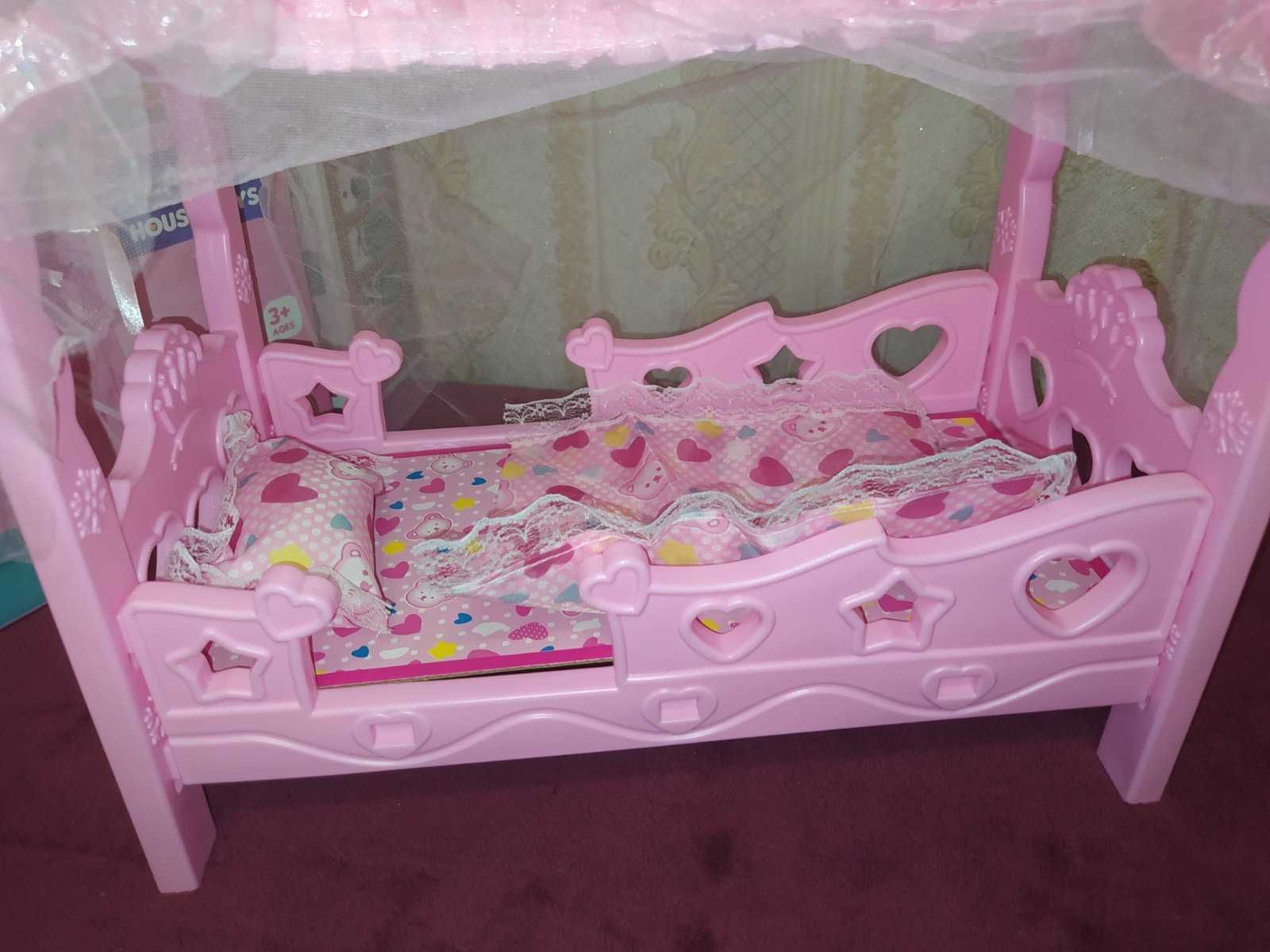 Ліжко для ляльки Барбі балдахін,подушка, простирадло, ковдра, довжина