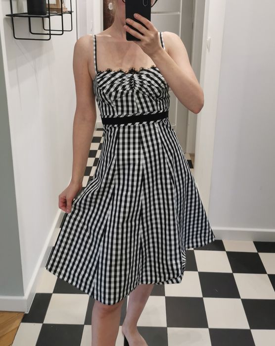 Karen Millen sukienka gorsetowa rozkloszowana pepitka kratka retro 50s