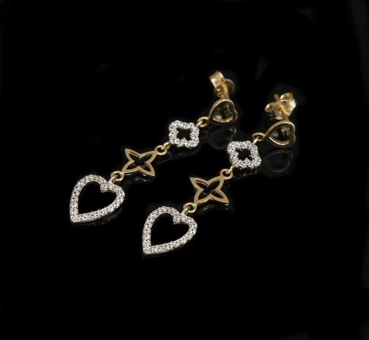 Złoto 585 - Złote kolczyki wiszące z sercami