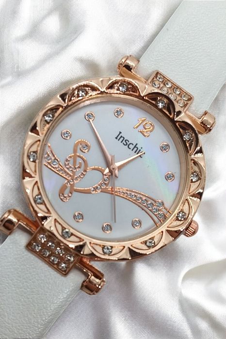 Zegarek Biżuteria Różowo Złoty Kolor Biały Pasek