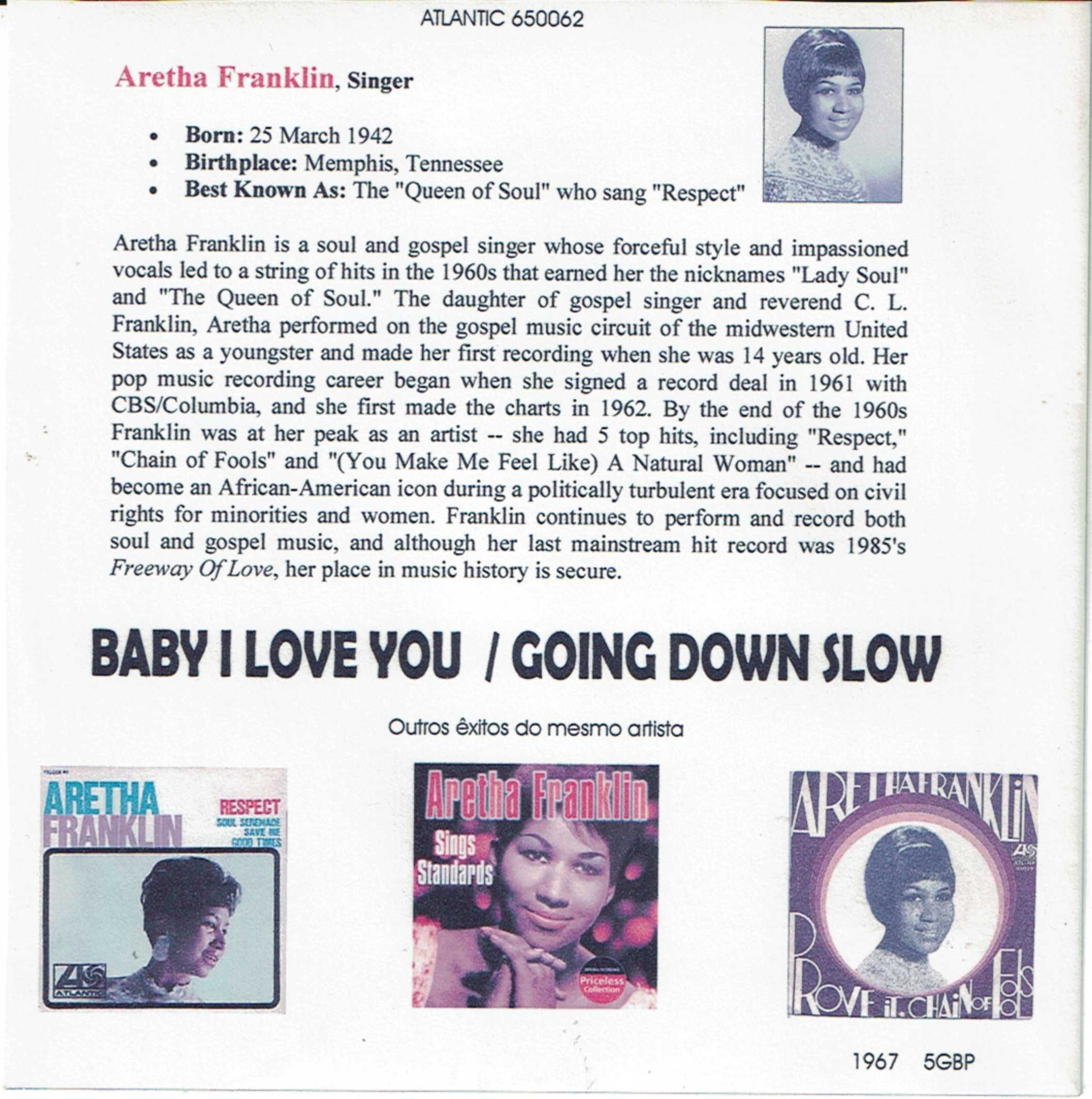 Aretha Franklin – Baby I Love You / Going Down Slow - FUNK 1968 45 Rpm