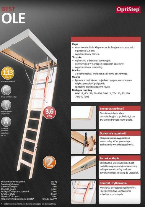 Schody strychowe KRONmat OptiStep OLE 70x120 / 280 cm  + stopki gratis