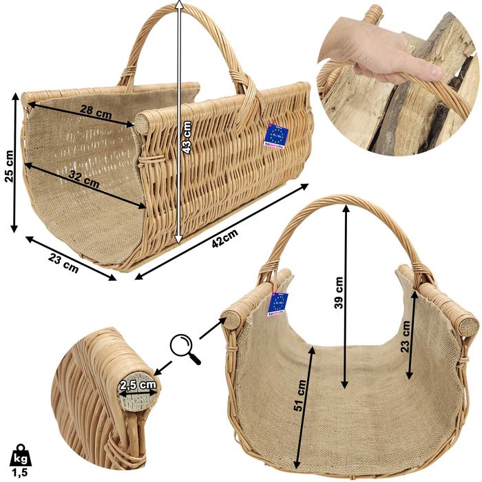 Kosz wiklinowy na drewno z jutą Rynna 50x43x32cm koszyk kominkowy