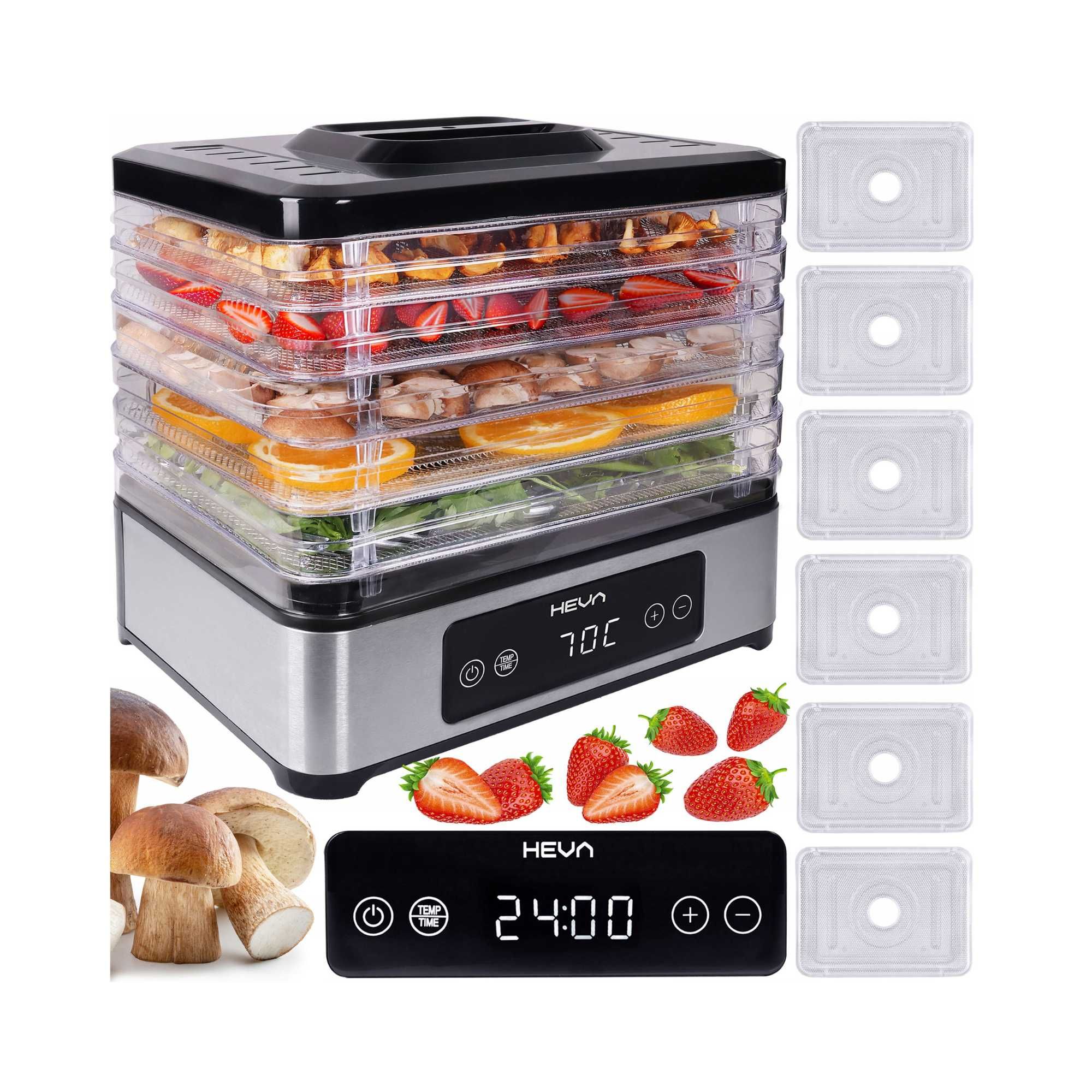 Suszarka do grzybów owoców HEVA +6 SIT 450W Inox duża aż 12L TIMER