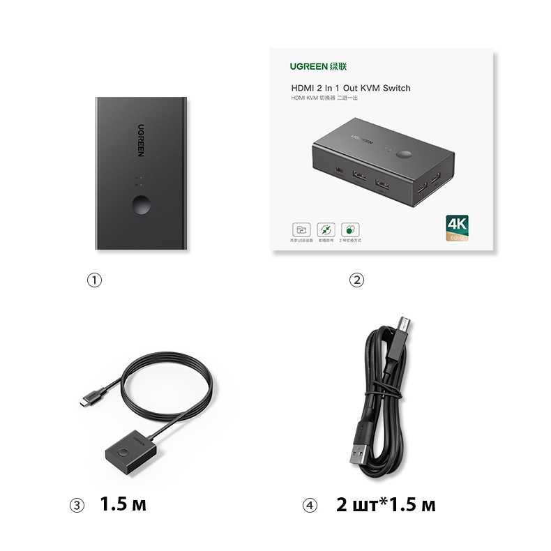 Переключатель на 2 компьютера HDMI USB Switch 4K 60Hz UGREEN Гарантия!