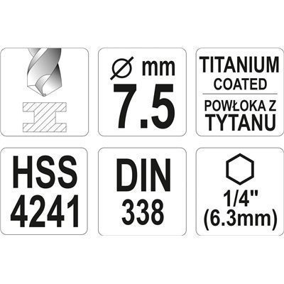 Wiertło Do Metalu 7,5Mm Hss-Tin Hex Yato