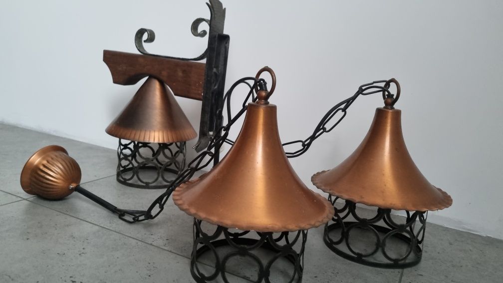 Kinket na ściane  i 2 wiszace lampy vintage miedź, stal, drewno dębowe