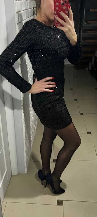 Cekinowa sukienka MIDI na sylwestra wesele imprezę L