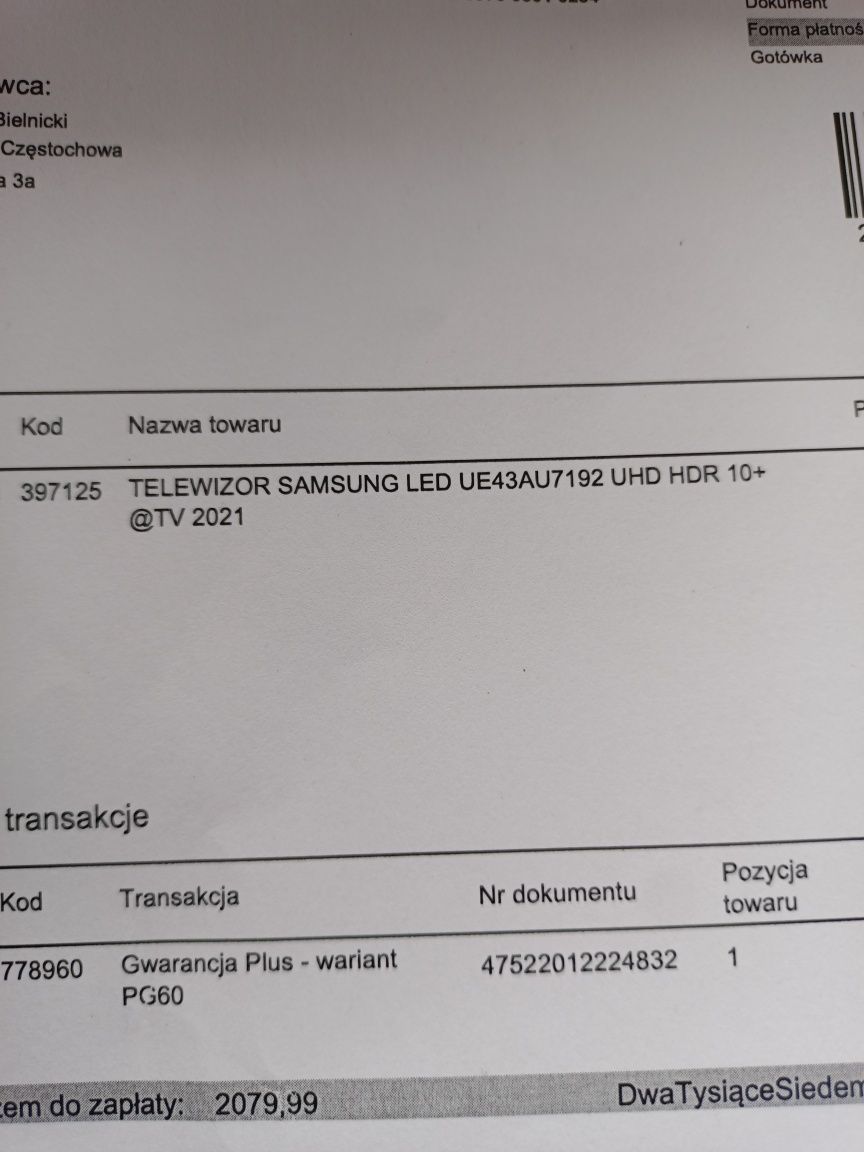 Telewizor Samsung  43 całe uszkodzony matryca  LED UE43AU7192 UHD