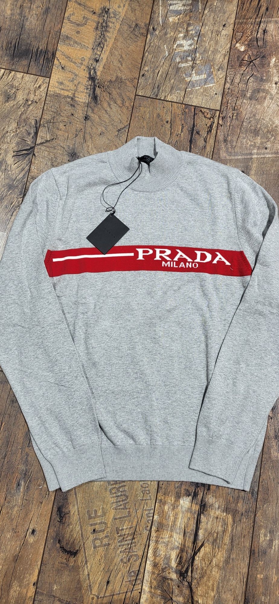 Półgolf sweter męski szary prada logo premium L