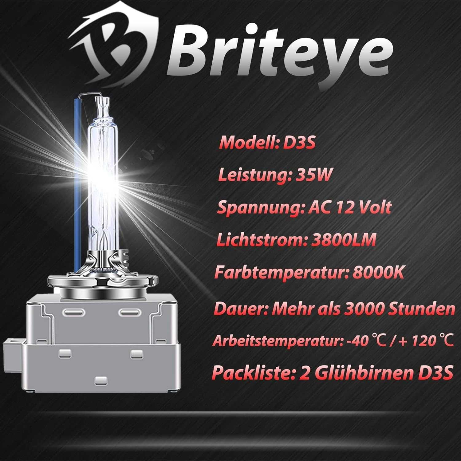 Briteye D3S ksenonowa żarówka 8000 K, 35 W, całkowicie metalowa, 2 szt