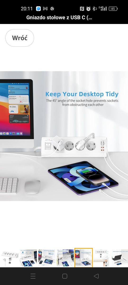 Gniazdo stołowe z USB C (PD 20 W), listwa zasilająca 8 w 1