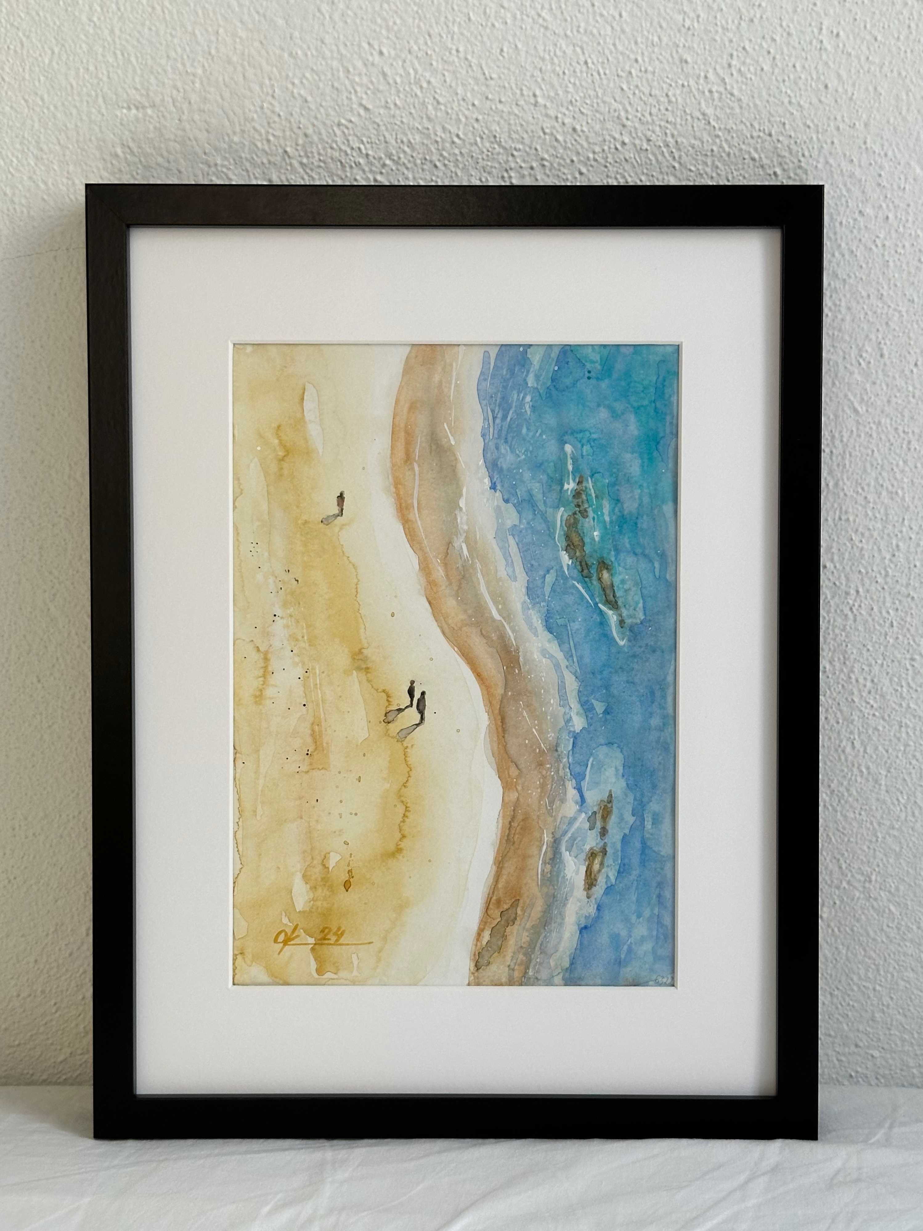 Horas na praia dourada - Pintura a aguarela sobre papel, emoldurada