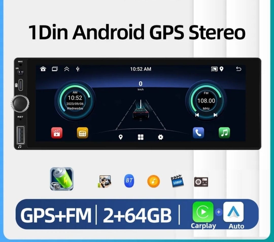 ‼️ 1DIN Android ‼️ магнітола, 2/64 GB, Carplay, Android Auto