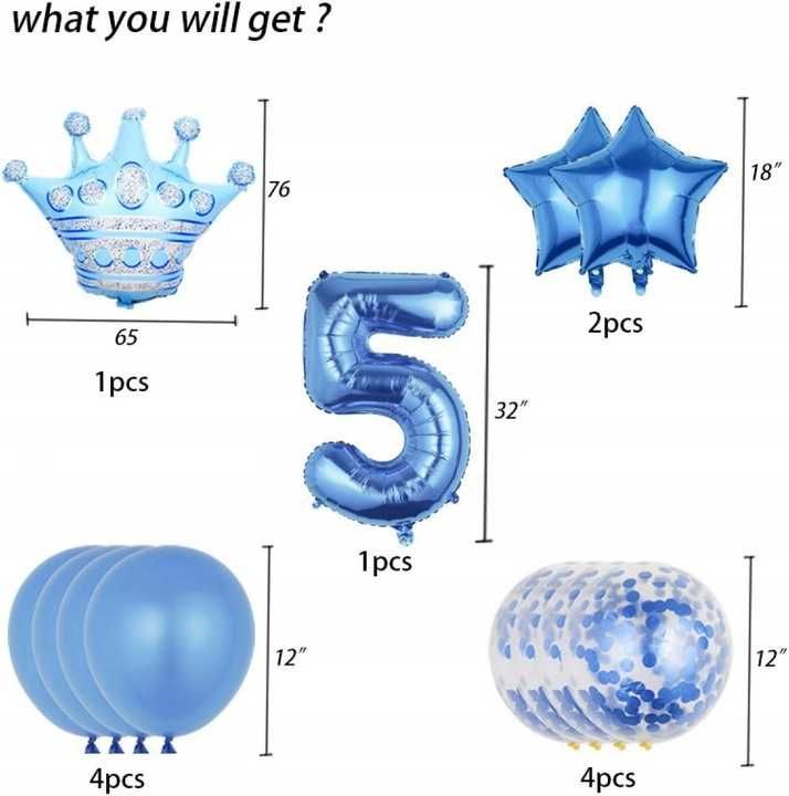 Zestaw balonów foliowych urodzinowych 5 urodziny 5 lat dekoracja hel