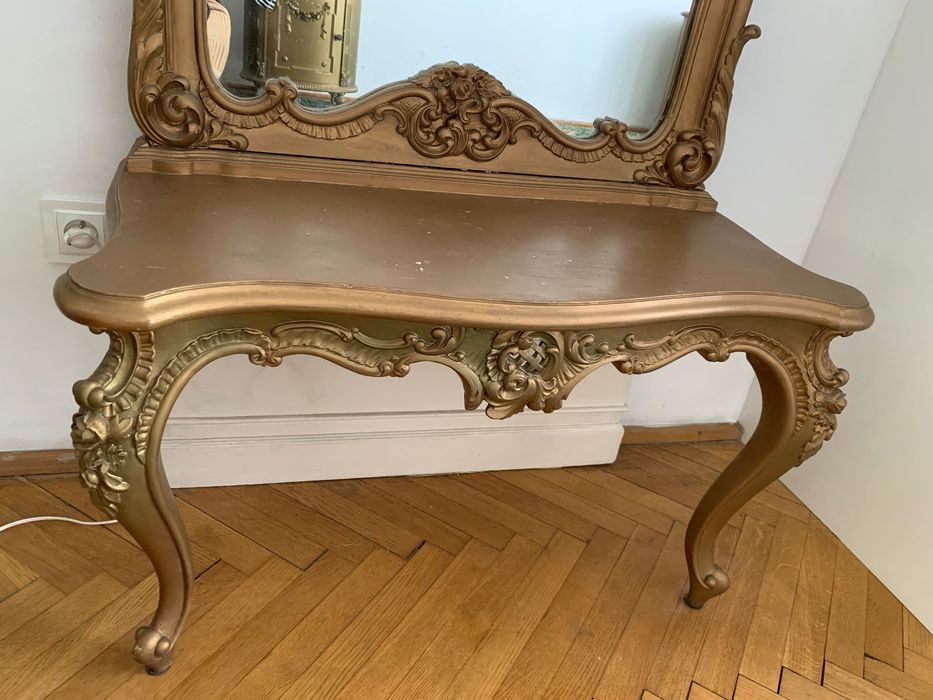 Stare Lustro z konsolą wykończenie złote ramą drewno