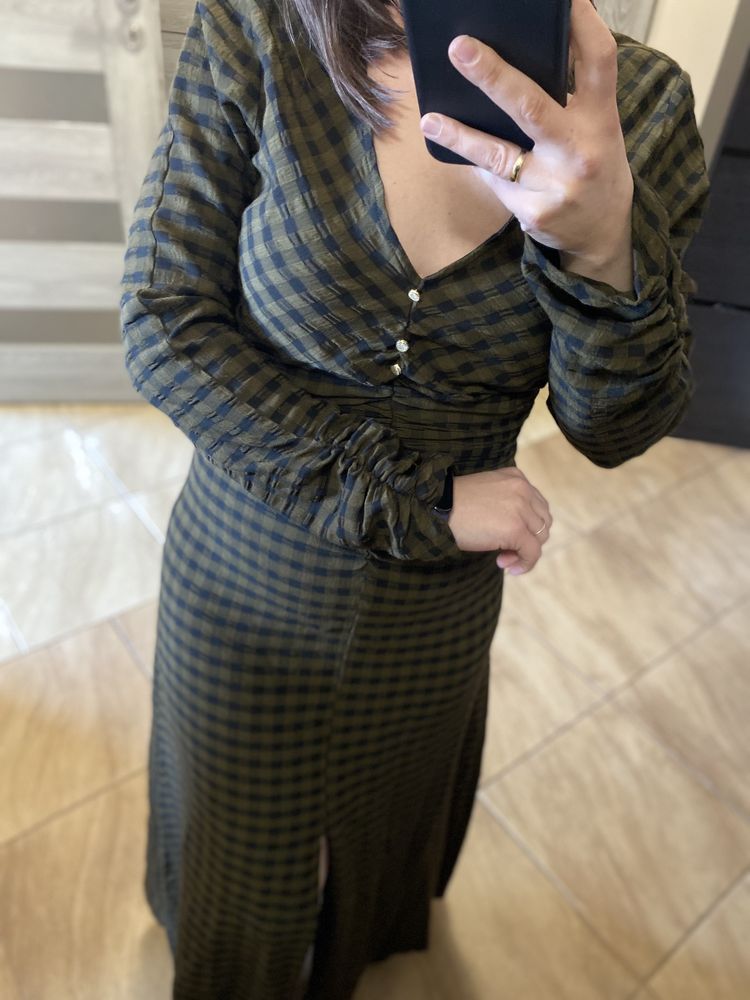 NOWA z metką długa sukienka maxi w kratę ZARA Basic oliwkowa khaki