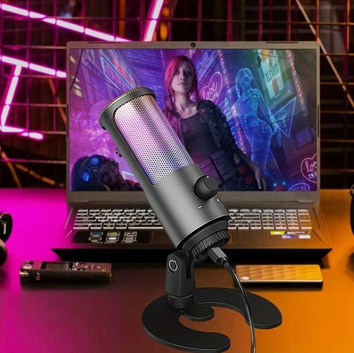 Красивый микрофон с стойкой для студий с RGB подсветкой юсб