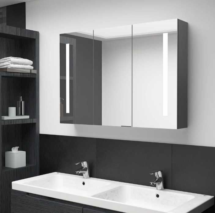 Szafka z lustrem i LED 89x14x62 cm, szara VidaXL