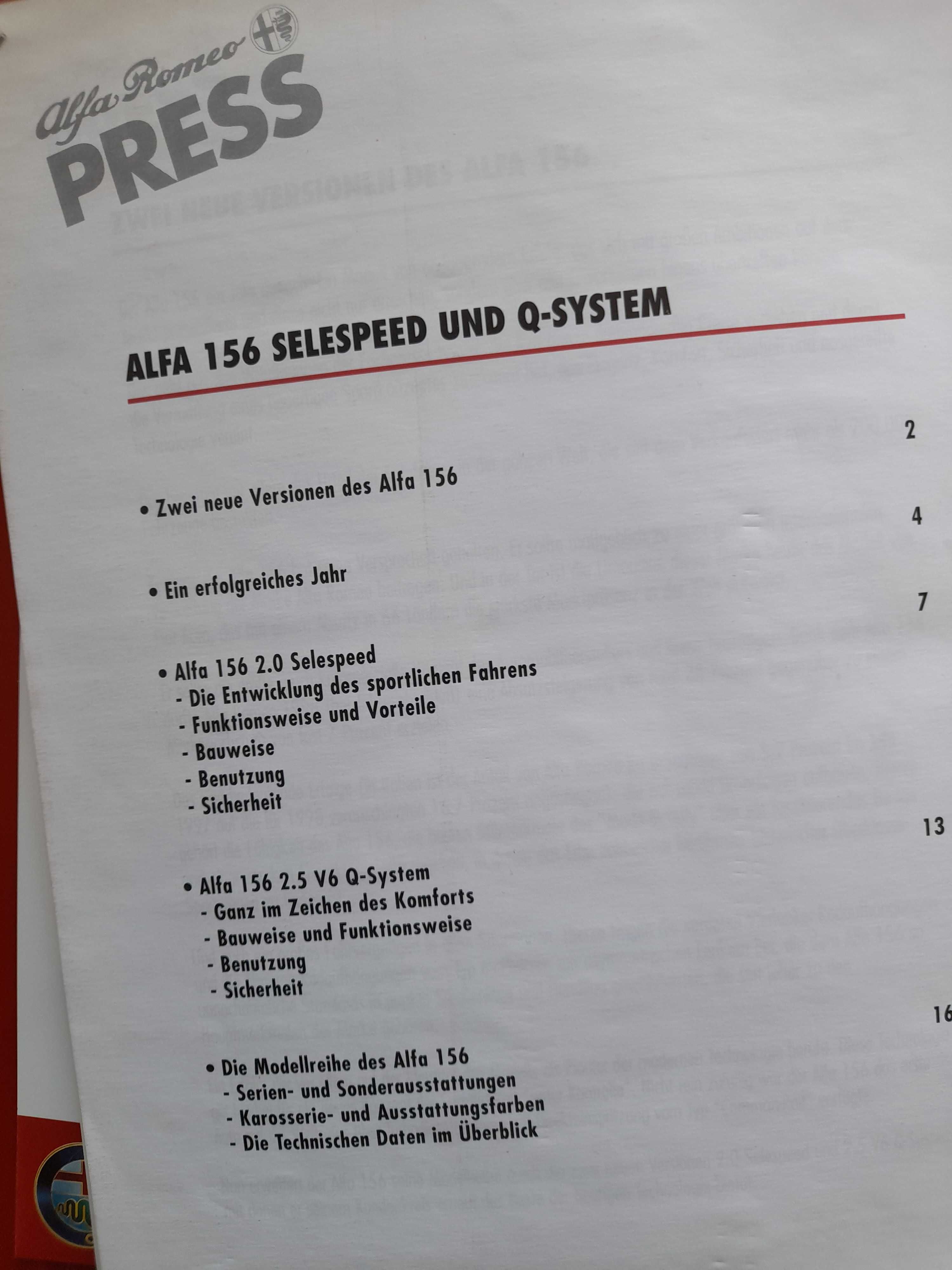 ALFA ROMEO 156 Selespeed i Q-System zestaw prasowy 1999