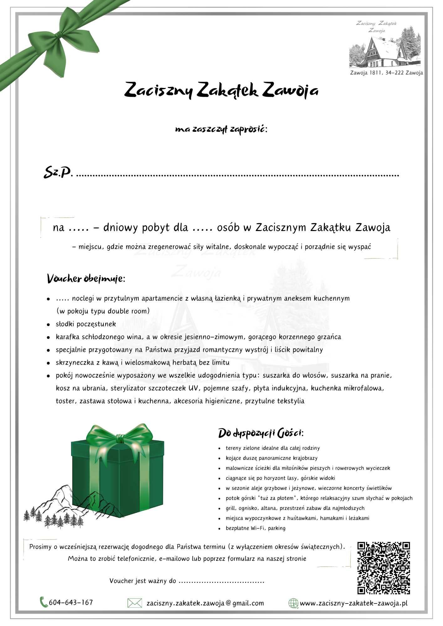 Całoroczny VOUCHER PREZENTOWY- "Urlopik"- 4 noce/2 os. NOCLEGI BESKIDY