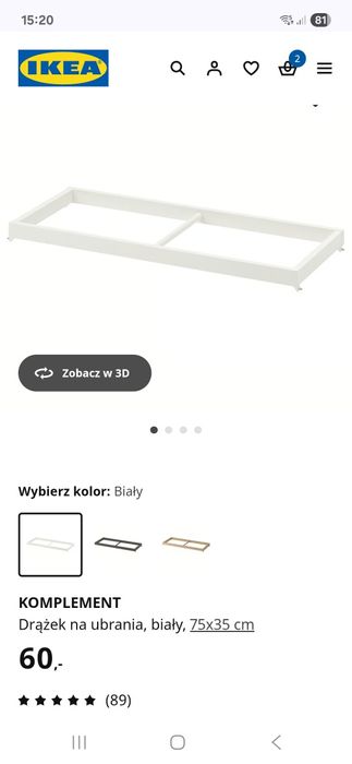 Drążek na ubrania 75x35 cm ikea pax komplement