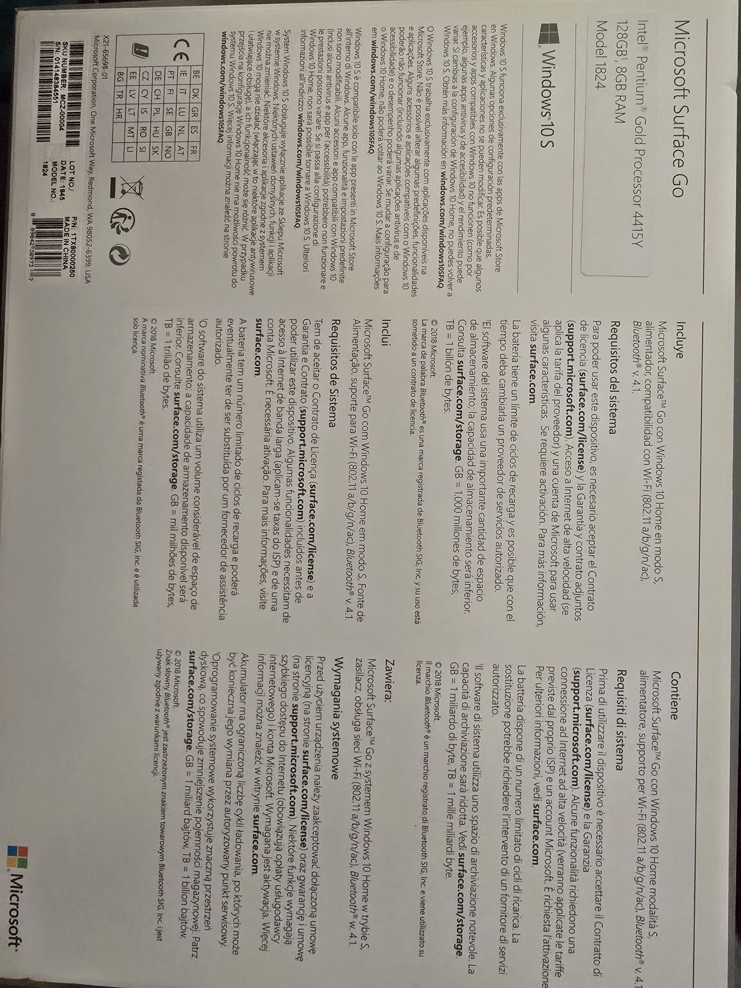 Microsoft Surface Go Modelo 1824
