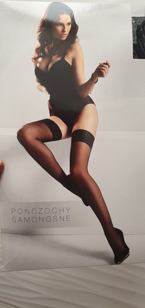 Pończochy samonośne czarne z koronką 20 DEN z sylikonem
