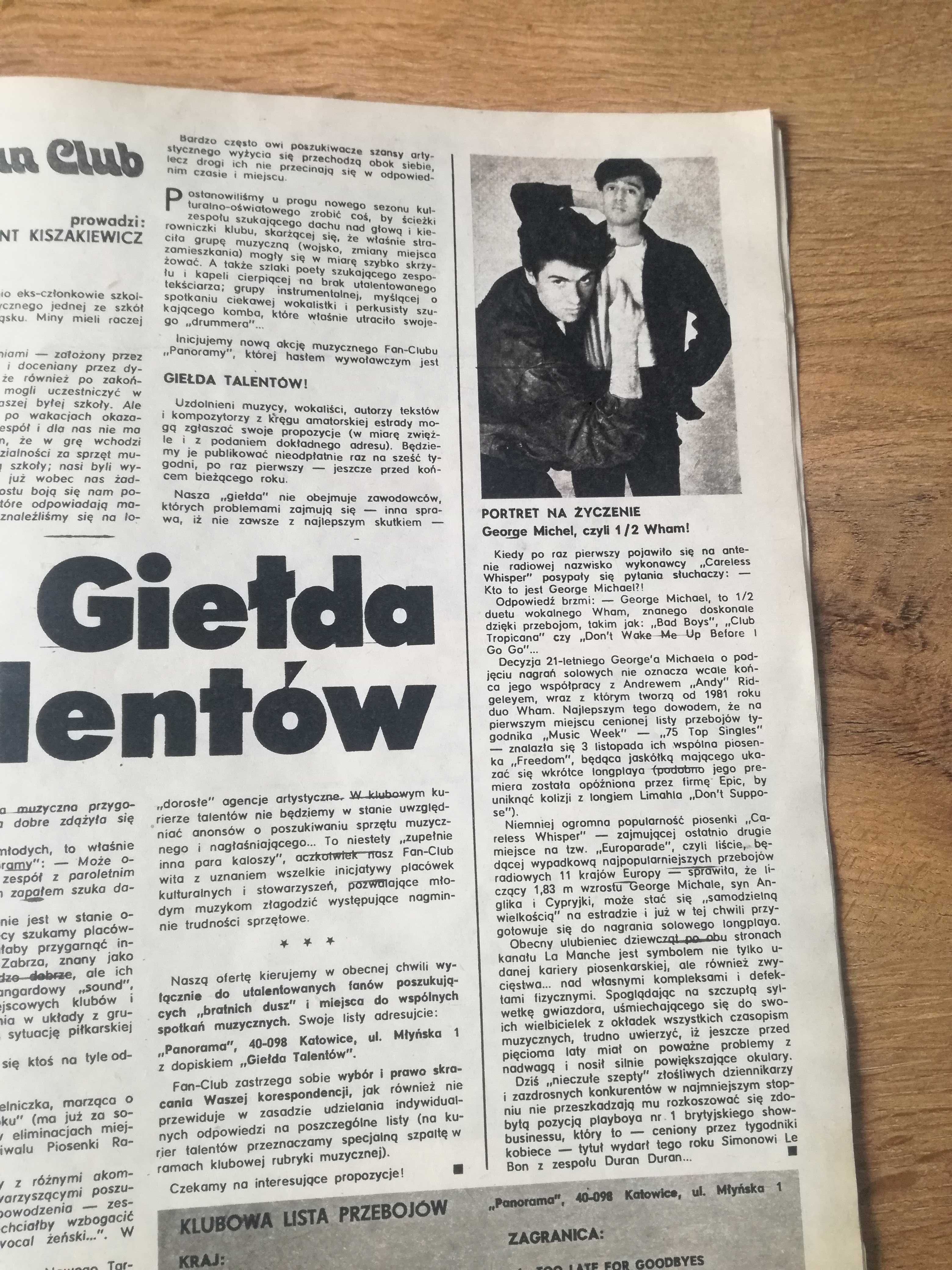 George Michael. Gazeta Panorama 1984