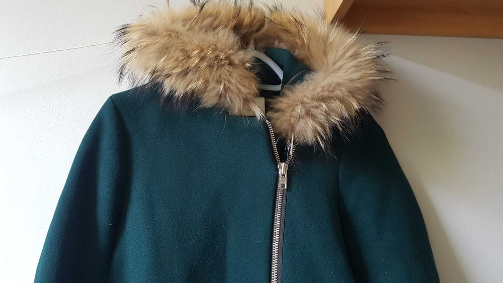 Sandro wełniany płaszcz futro jenot rozmiar M