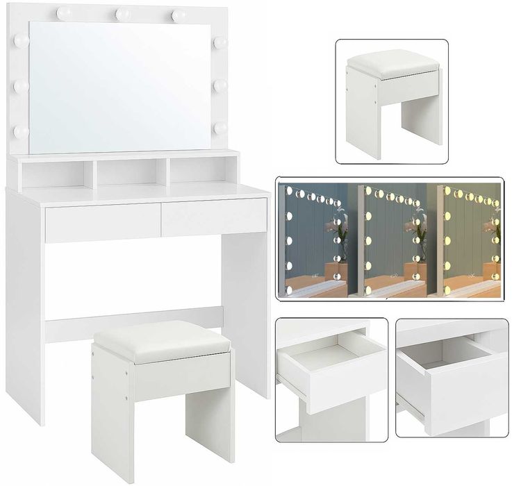 Toaletka Kosmetyczna Lustro WIZAŻ Oświetlenie HOLYWOOD+KRZESŁO LED 017