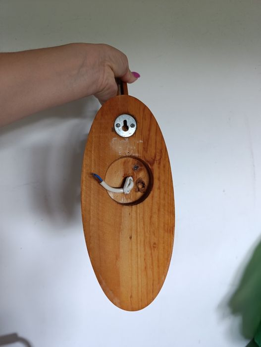 Lampa kinkiet klosz wisząca PRL drewno szkło