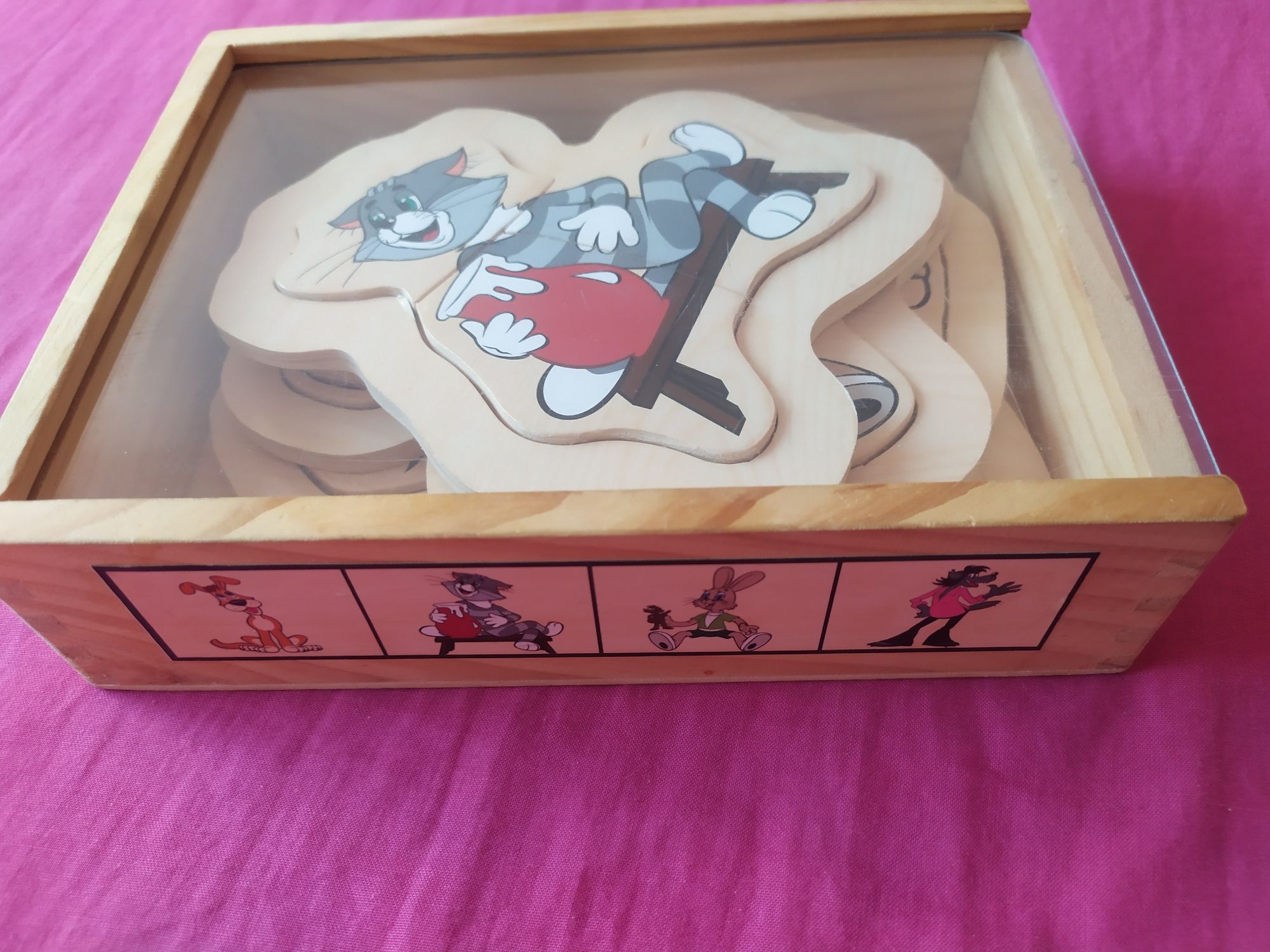 Дерев'яний пазл 4 в 1 герої мультфільмів в дерев'яній коробці