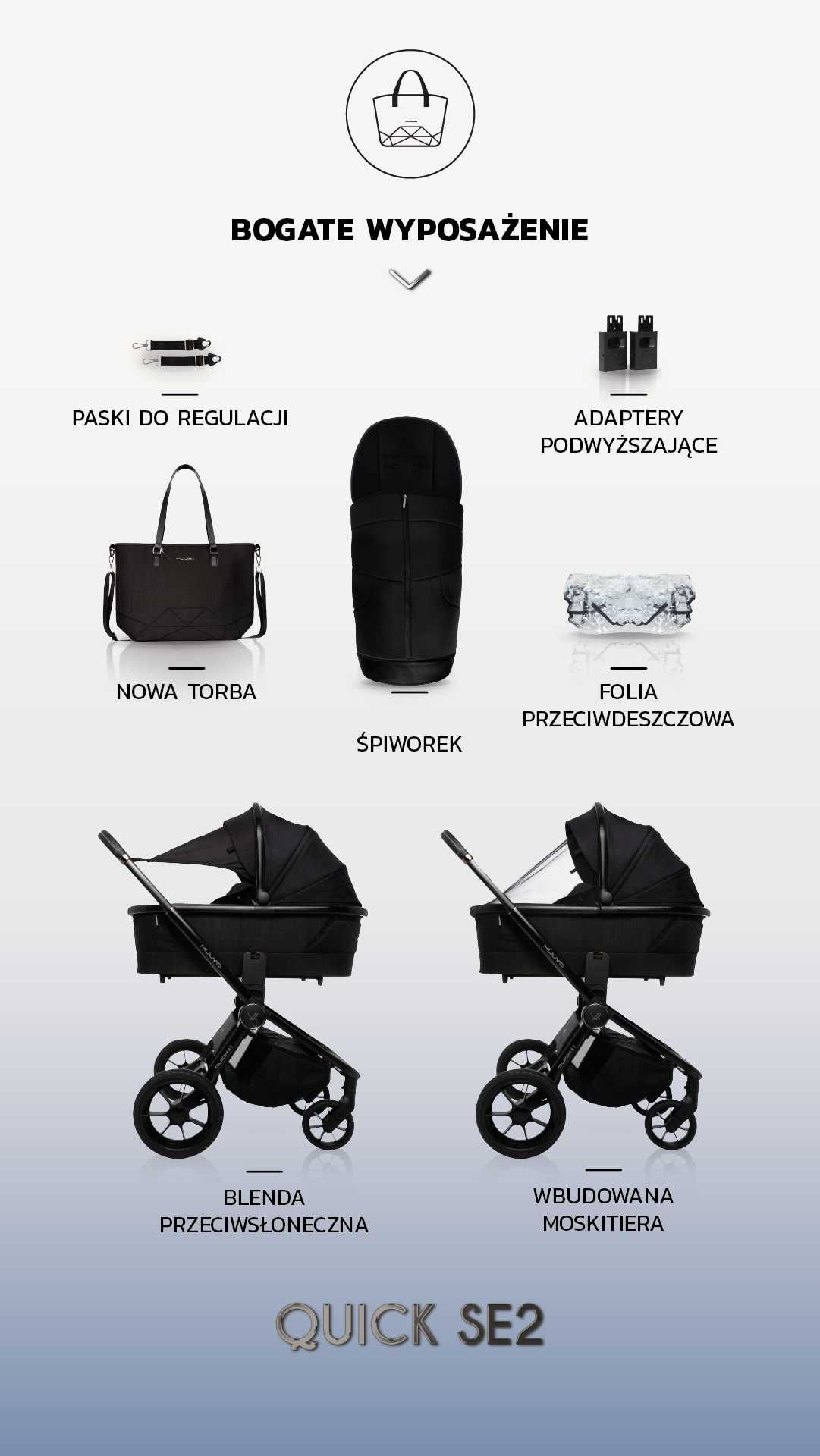 Wózek Muuvo Quick SE2 2w1 Lekki Składany Gondola+Spacerówka +Adaptery