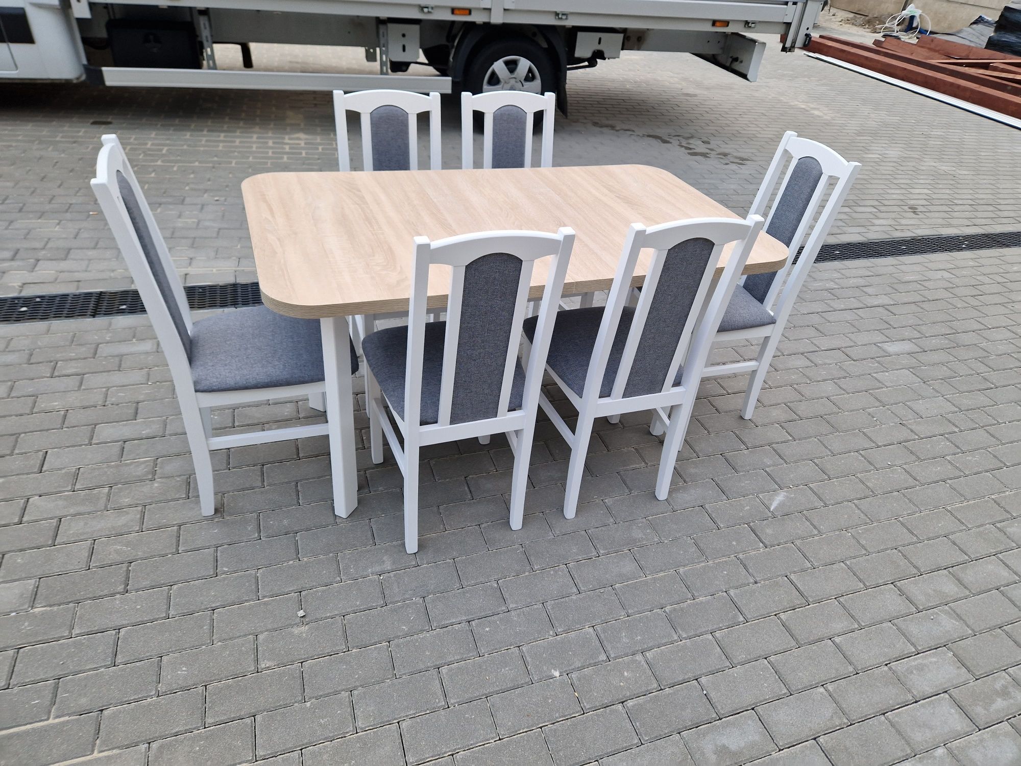 Nowe: Stół 80x140/180 + 6 krzeseł, biały/sonoma + szary, dostawa PL