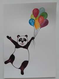 Obrazek akwarelowy, panda z balonami