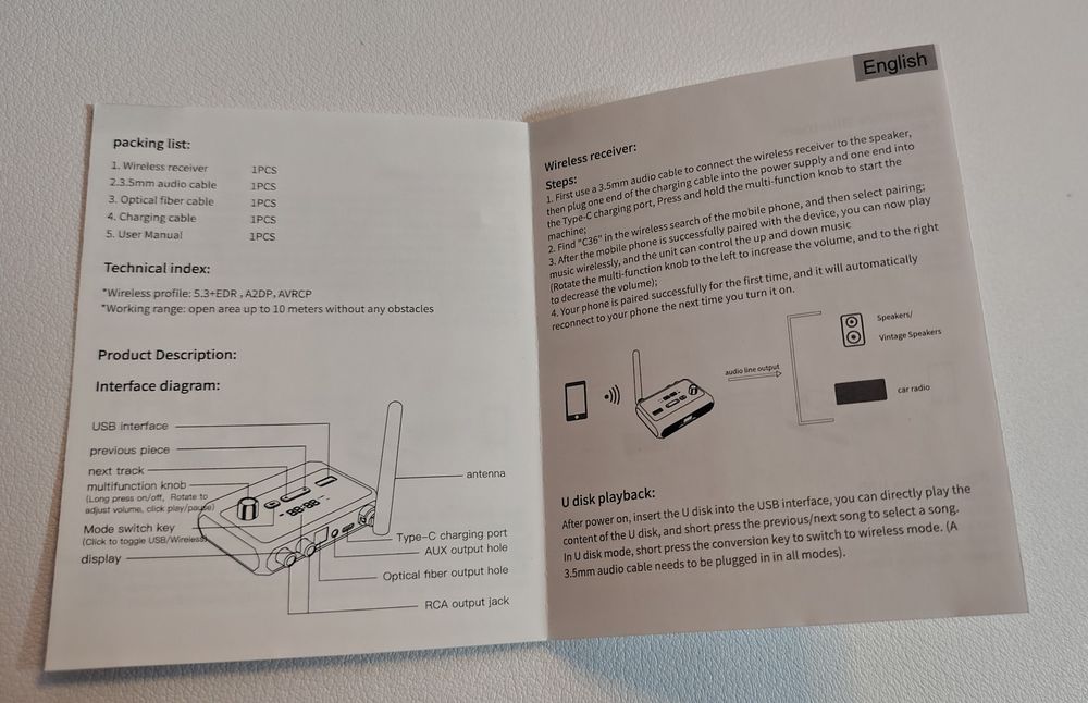 Bluetooth 5.3 аудіоприймач USB, RCA, AUX, Оптика.бездротовий, ресивер