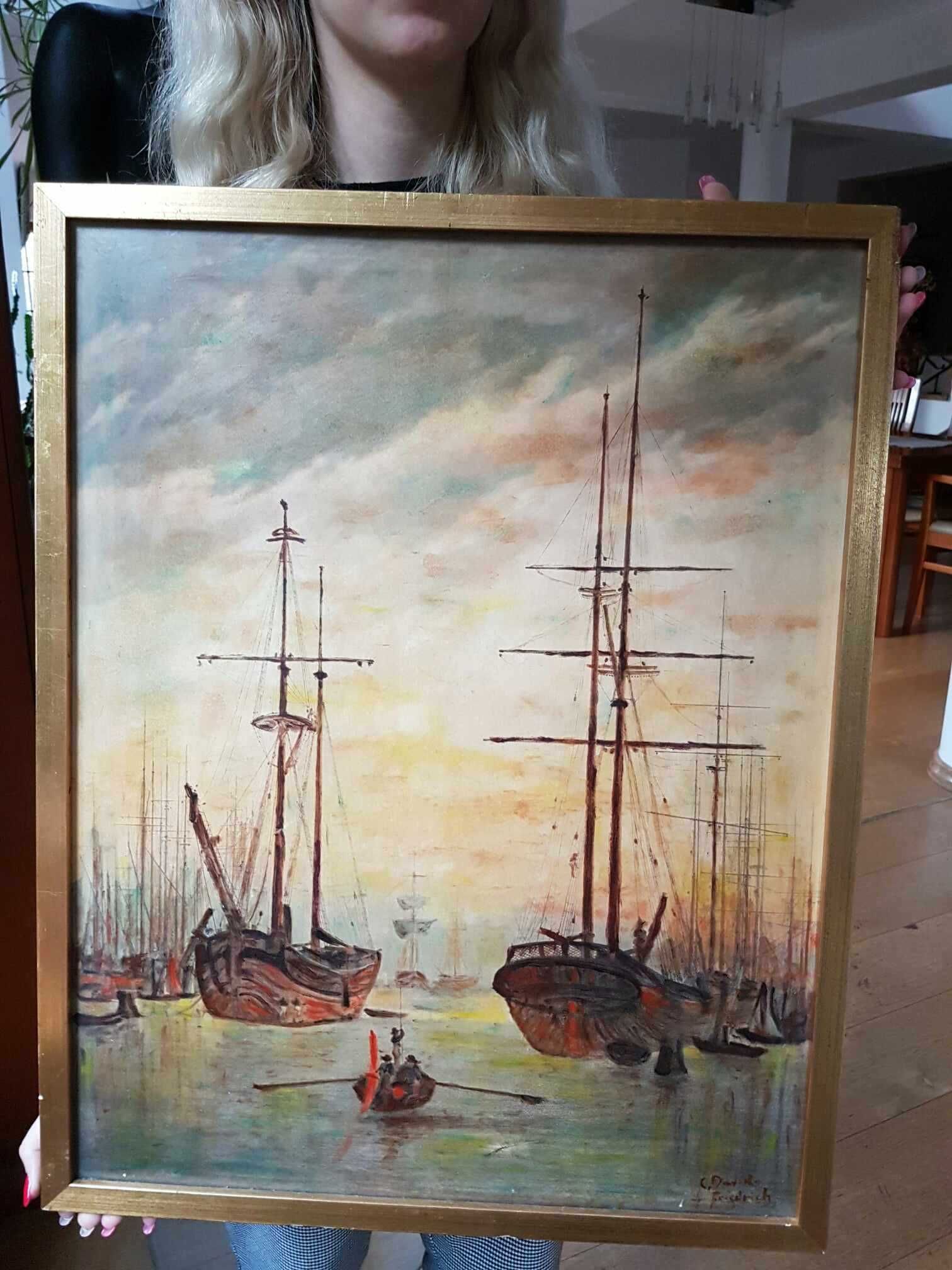 Obraz reprodukcja WIDOK NA PORT C.D. Friedrich w złotej ramie 46x59 cm