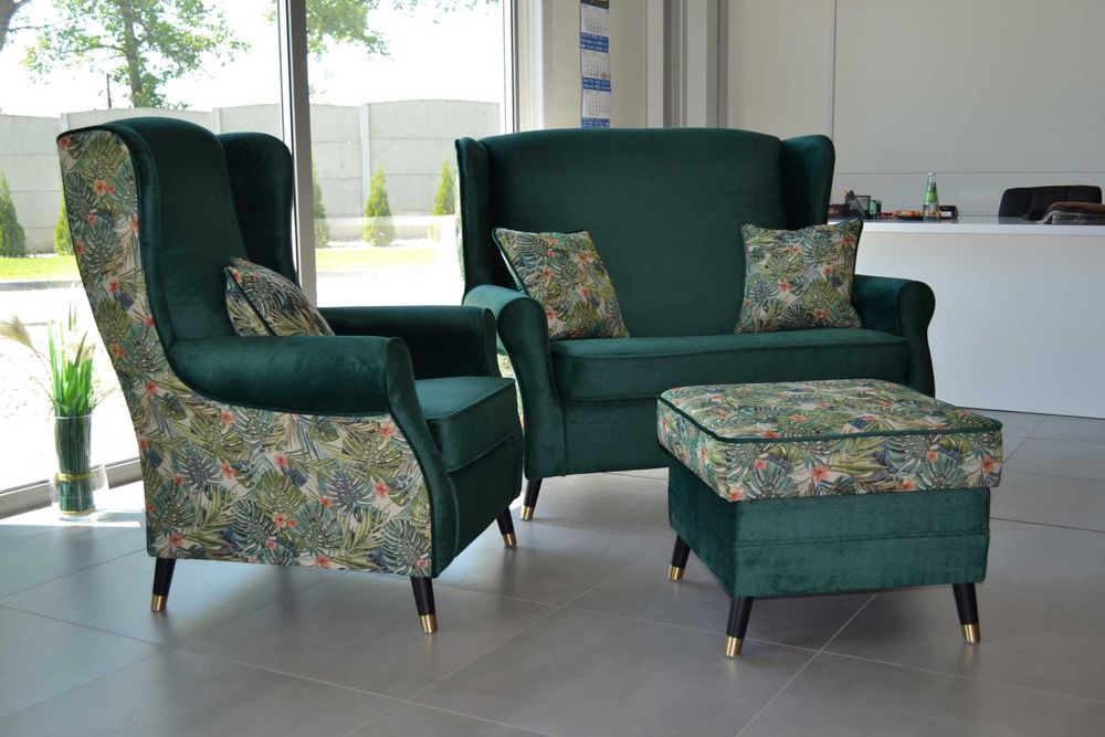 Zestaw mebli Uszak dwójka fotel pufa liście butelkowa zieleń