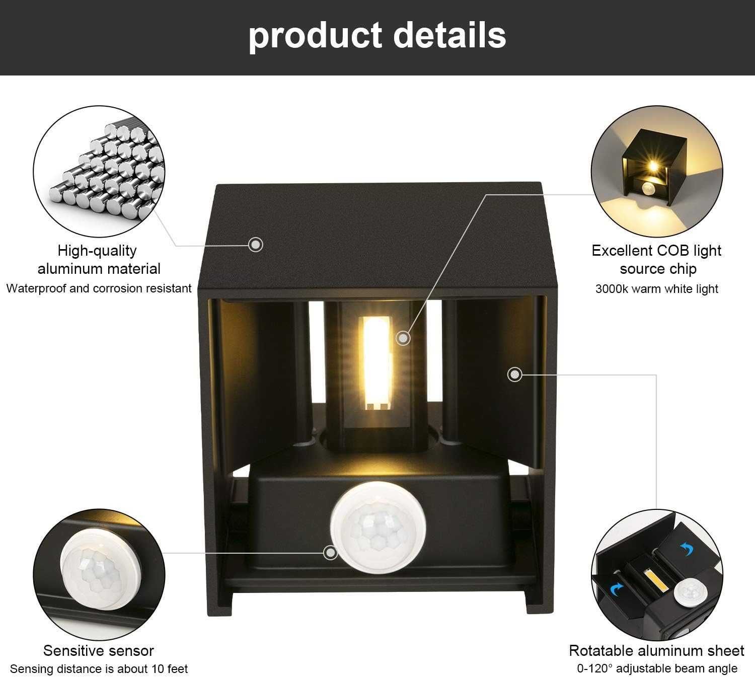 Lampa ścienna LED z czujnikiem ruchu, 12 W 4 szt.