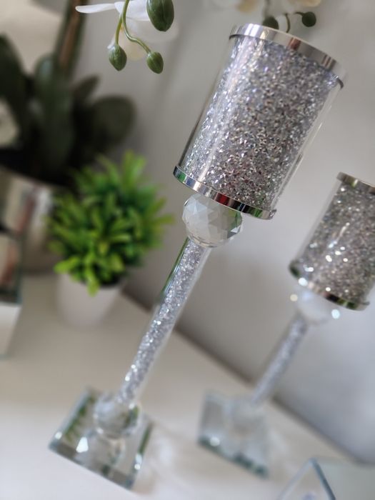 Wysoki świecznik na nóżce z kryształkami Glamour wys. 30cm