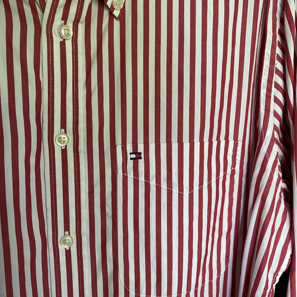 Biała bawełniana męska koszula na długi rękaw w paski Tommy Hilfiger M
