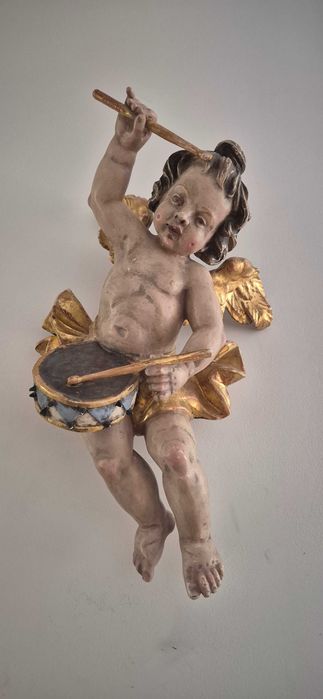 Antyk stara drewniana rzeźba aniołek putto cherubin barok unikat
