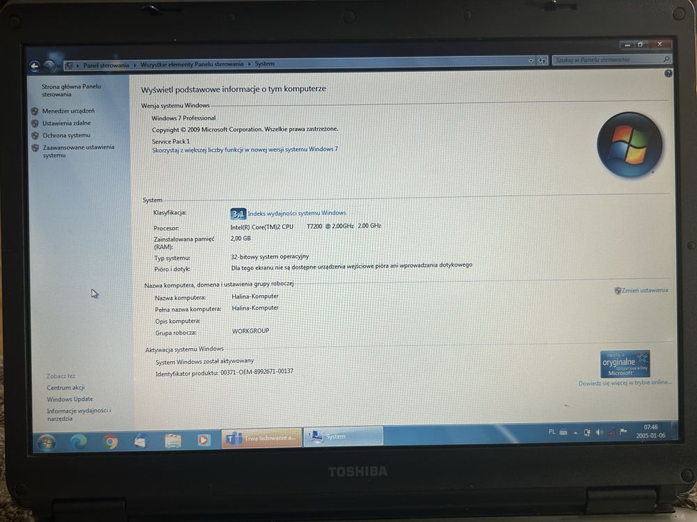 Laptop TOSHIBA 2007rok