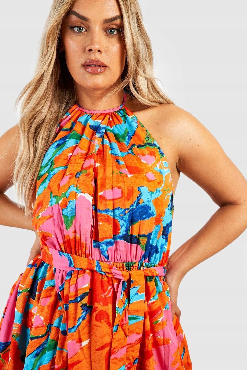 Sukienka Plisowana W Kwiaty Halter Marszczona Maxi Casual Boohoo 3Xl