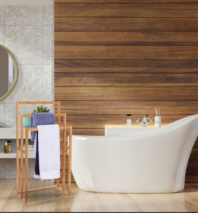 Stojak wieszak łazienkowy regał drewniany bambus półka na reczniki